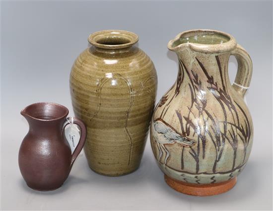 Bridget Drakeford (b. 1946), a ribbed buff-glazed studio pottery vase and two other items